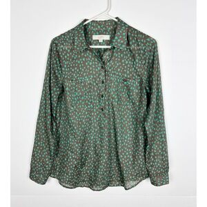 Loft Popover Top Size Small Brown Turquoise Heart Print Long Sleeve